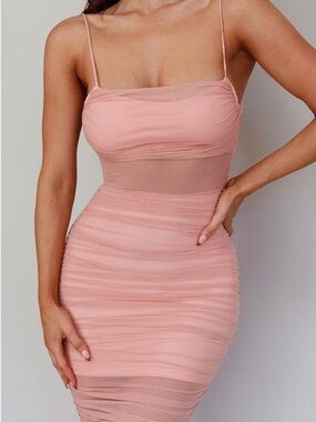 Ruched Spaghetti-Strap Mini Dress in Blush Pink